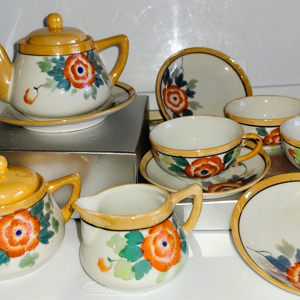 Japanese Teapot Tea Set Lusterware 10-pc Floral Hand-painted Children's Set